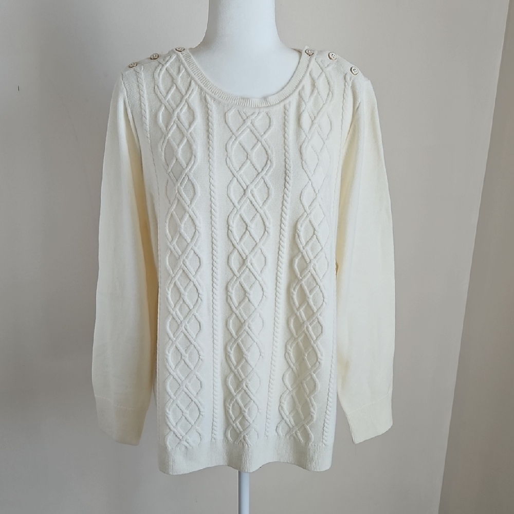 Talbots 2X(est) Cable Knit Sweater Cream Button Shouders 30% Lambswool Preppy